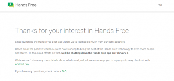谷歌宣布2月8日正式关闭Hands Free支付应用